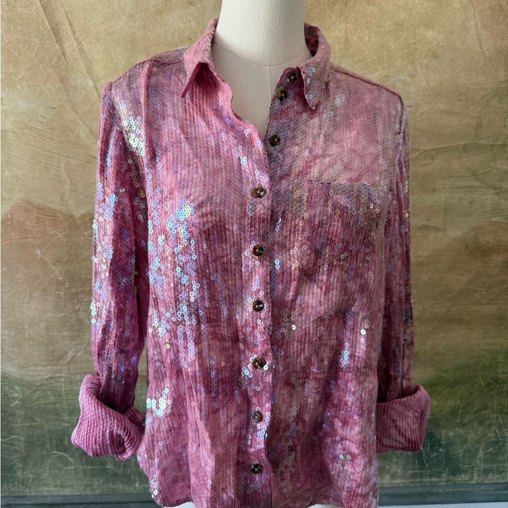 Pilcro Pink Sequin Button-Down Shirt